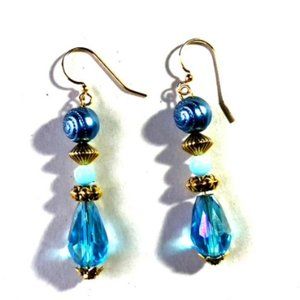 Blue Dangle Earrings MAde With Vintage Elements About 1 3/4"